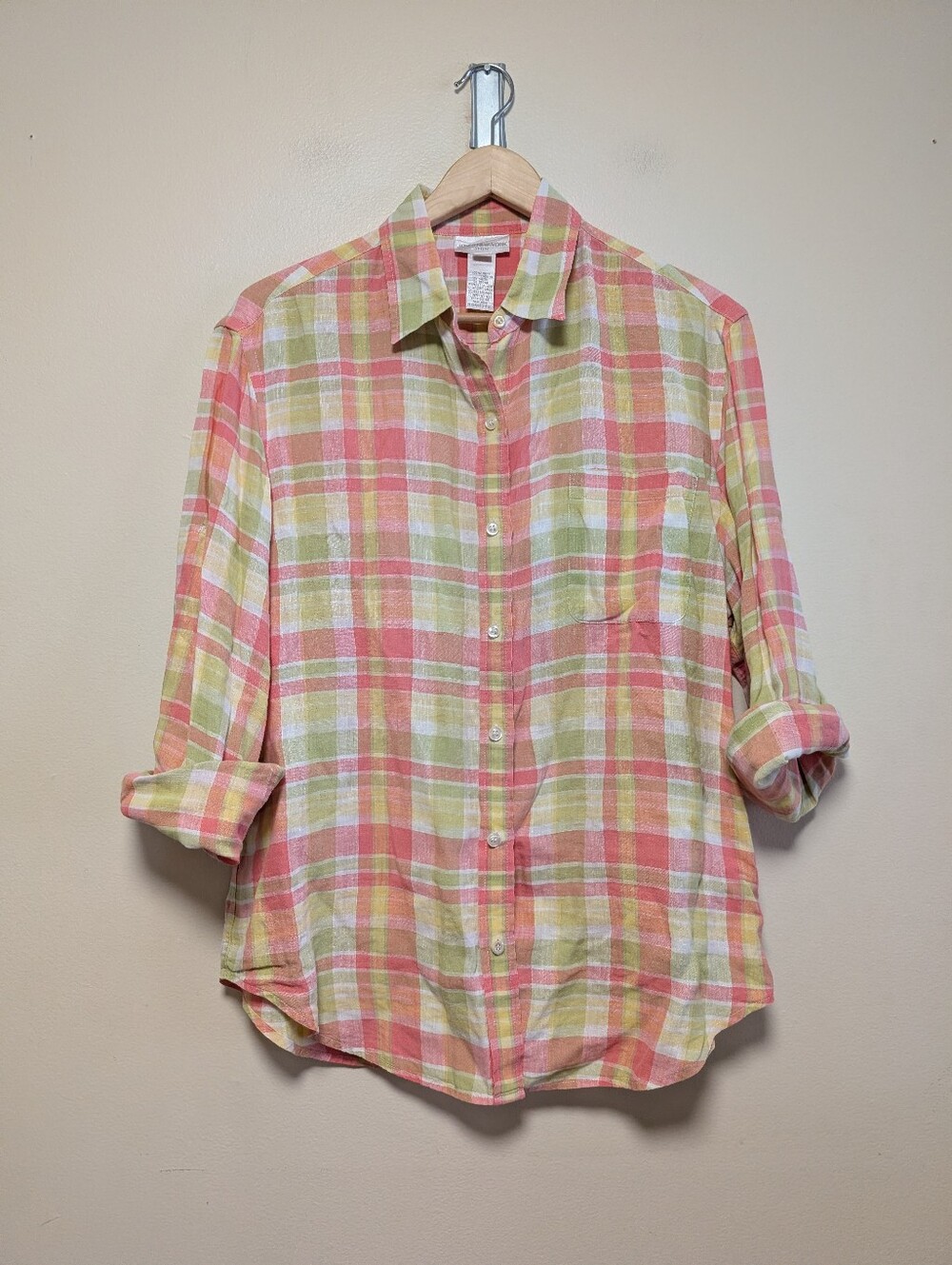 Jones New York Sport 100% Linen Madras Plaid Button Up Shirt L Coral Lime
